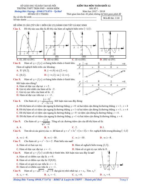 Đề kiểm tra môn Toán khối 12 bài số 1 năm học 2017 – 2018 trường THPT Trần Phú – Hà Nội